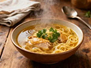 Apetyczna porcja makaronu al dente na białym talerzu, nawinięta na srebrny widelec w ciepłym, domowym oświetleniu.