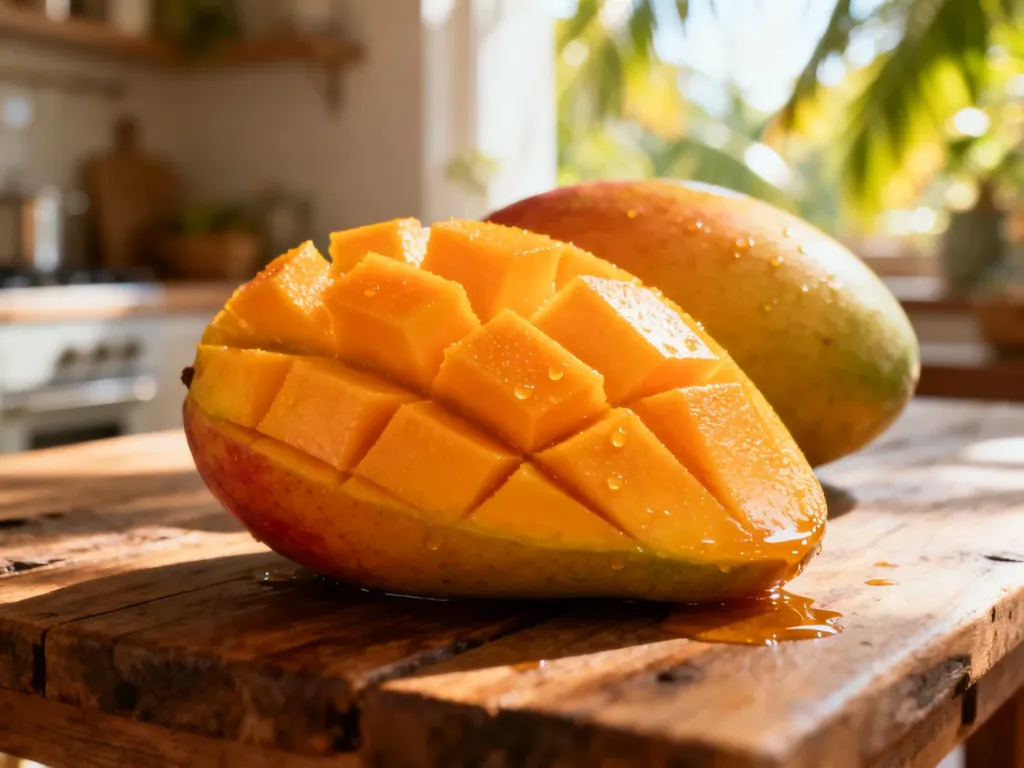 Soczyste, pokrojone mango na drewnianym stole w słonecznej kuchni. Zbliżenie na apetyczny miąższ owocu.