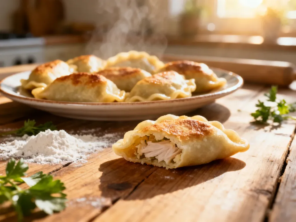 Talerz świeżo ugotowanych pierogów na drewnianym stole. Przekrojony pieróg ukazuje delikatne wnętrze w domowej atmosferze.