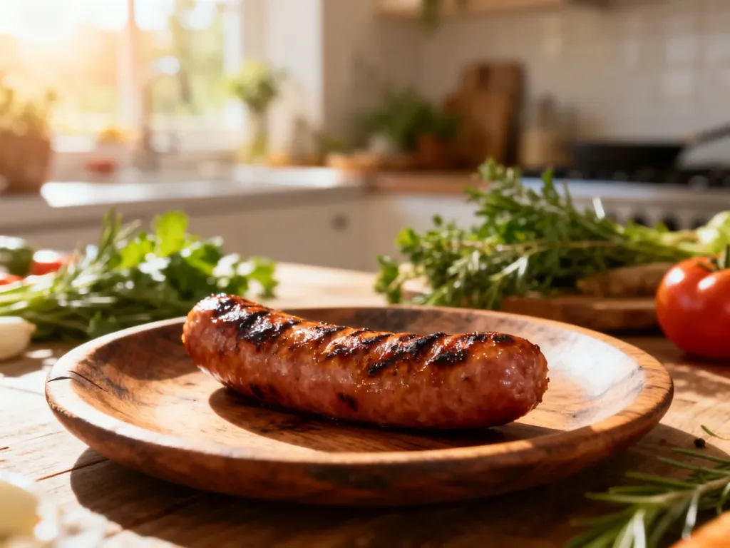 Grillowana parówka na rustykalnym talerzu w jasnej kuchni. Zdjęcie podkreśla apetyczny wygląd i strukturę produktu.