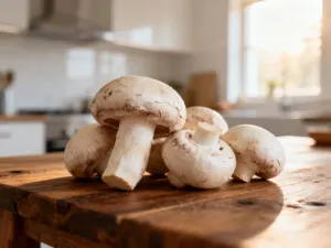 Miska z ugotowanym białym ryżem na drewnianym stole w słonecznej kuchni.