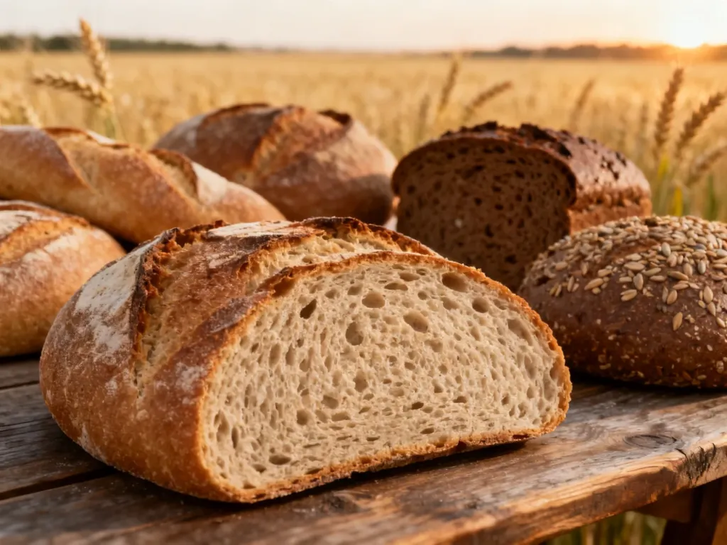 Różne rodzaje pieczywa rzemieślniczego, w tym chleb żytni i pełnoziarnisty, ułożone na rustykalnym drewnianym stole.