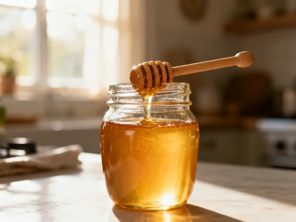 Szklany słoik ze złotym miodem i drewnianą łyżeczką w słonecznej kuchni, podkreślający naturalny charakter produktu.