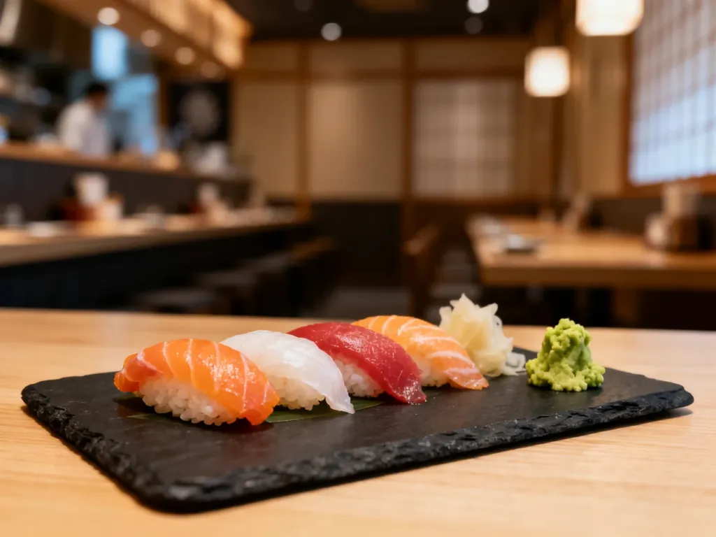 Elegancko podany zestaw świeżego sushi na ciemnej kamiennej desce w restauracyjnym wnętrzu.